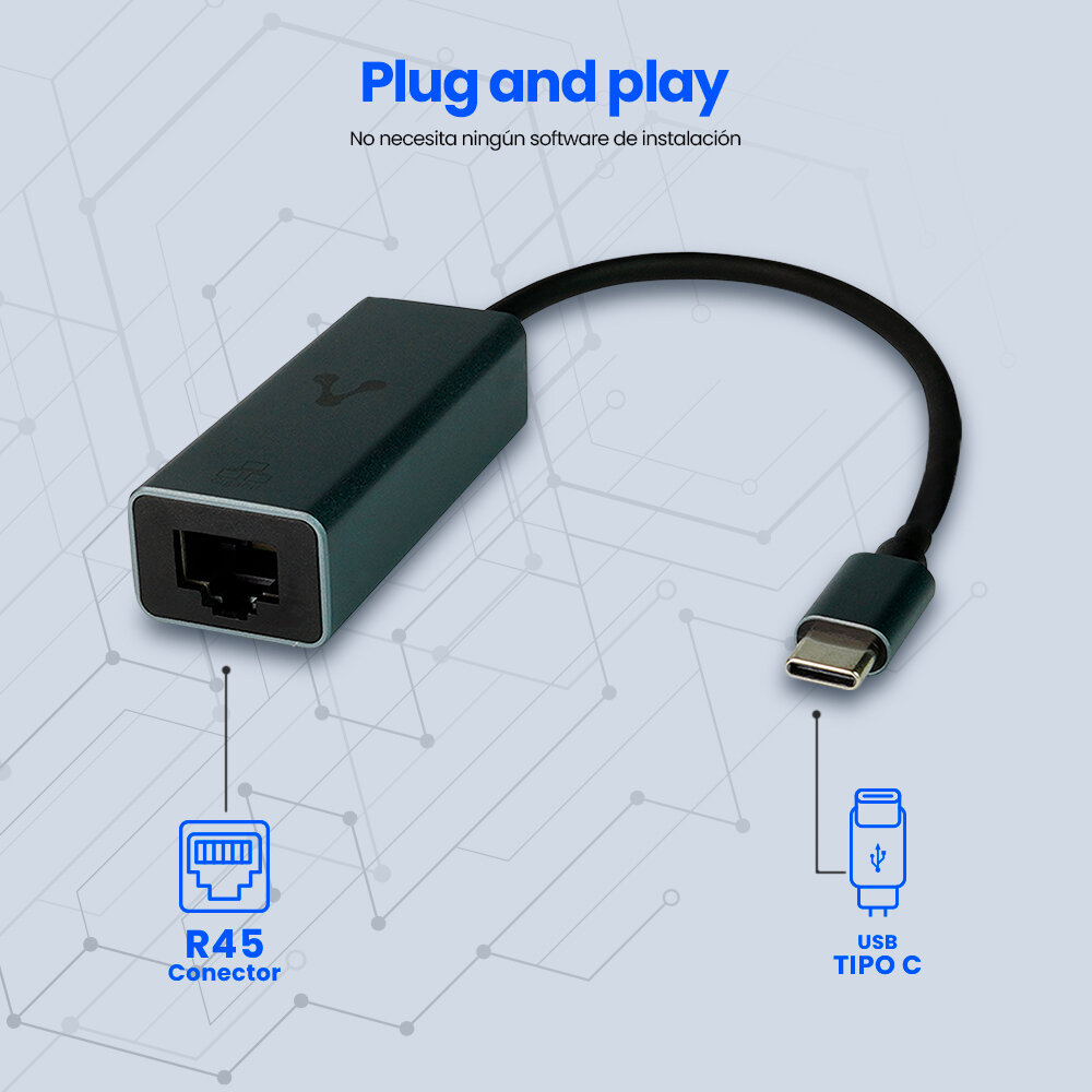 Adaptador De Red Usb Vorago Adp-210 Usb-C A Jack Rj-45 Flexible Ligero Hasta 1 Gbps Negro