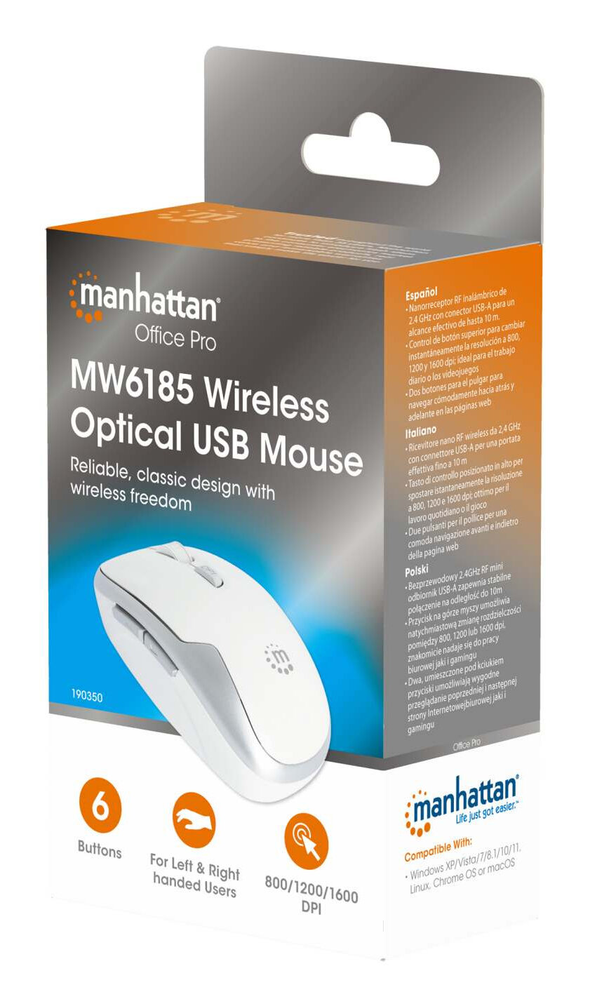 Mouse Manhattan Óptico 1600Dpi 6 Botones Inalámbrico Usb-A Rf Blanco 190350
