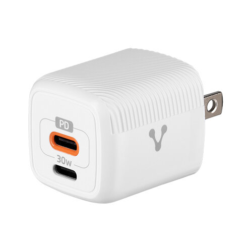 Cargador De Pared Usb C Vorago Au-355-Wh 30W Gan Pd 2 Puertos Carga Rápida Compacto Blanco