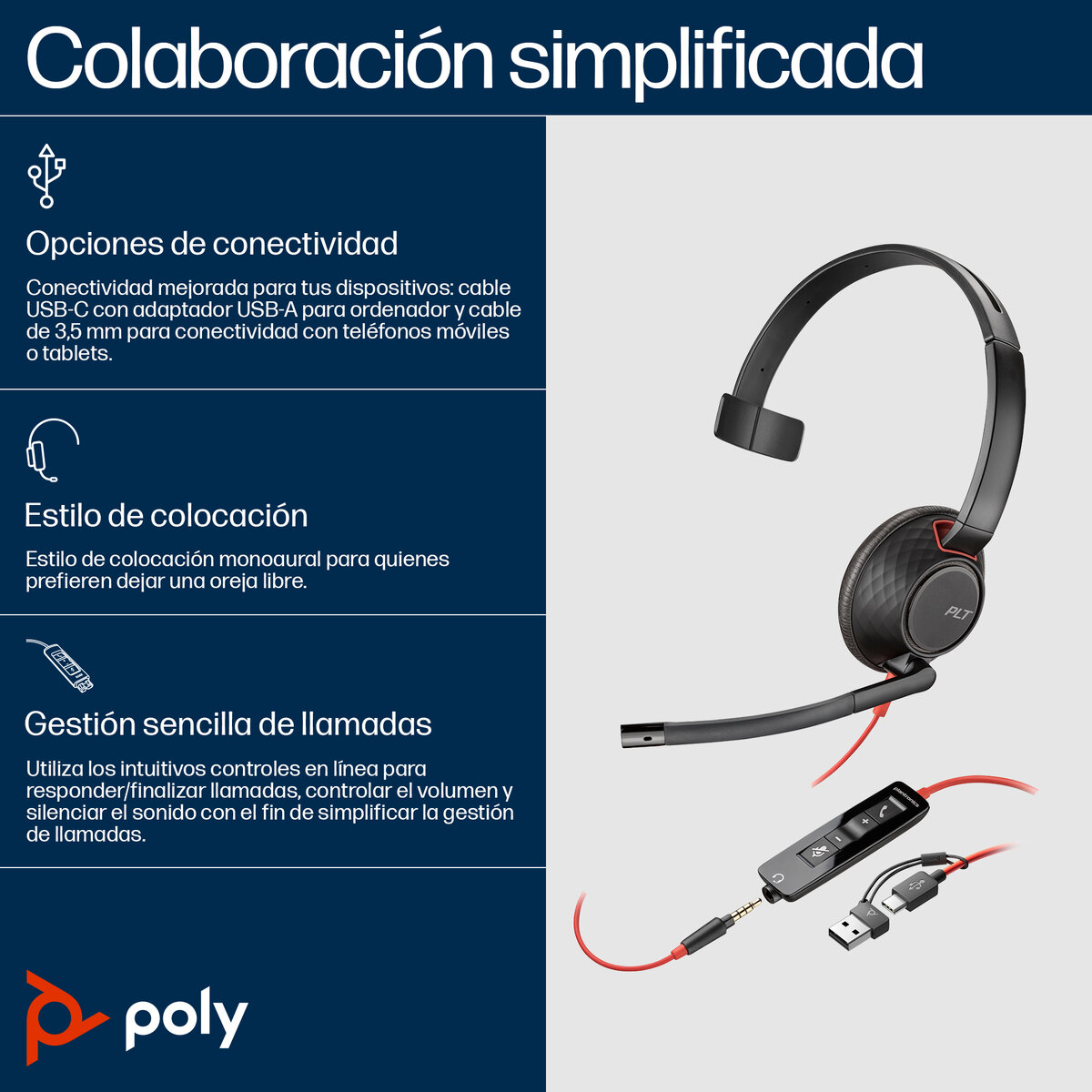Auriculares Plantronics Blackwire 5210 Monaural Usb-C 3.5Mm Adaptador 8X230Aa