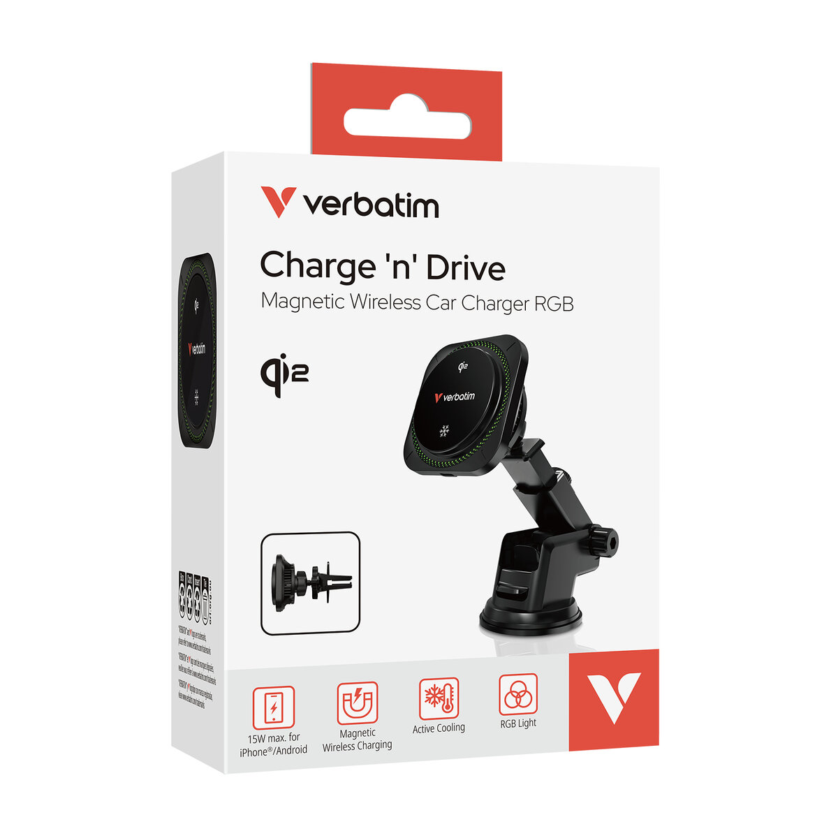 Cargador Inalambrico Verbatim Charge N Drive Qi2 Rgb Ventilador Tipo C 31860