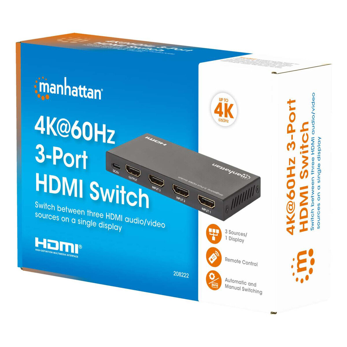 Switch Hdmi Manhattan 208222 4K 60Hz 3 Entradas Hdmi Usb Tipo C 208222