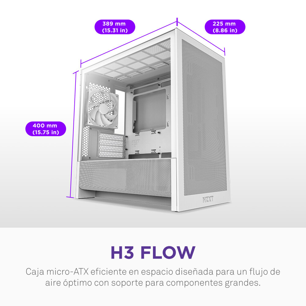 Gabinete Nzxt H3 Flow Midi Tower Microatx/Mini-Itx 2X Usb3.2 Usb-C Vidrio Templado Cc-H31Fw-01