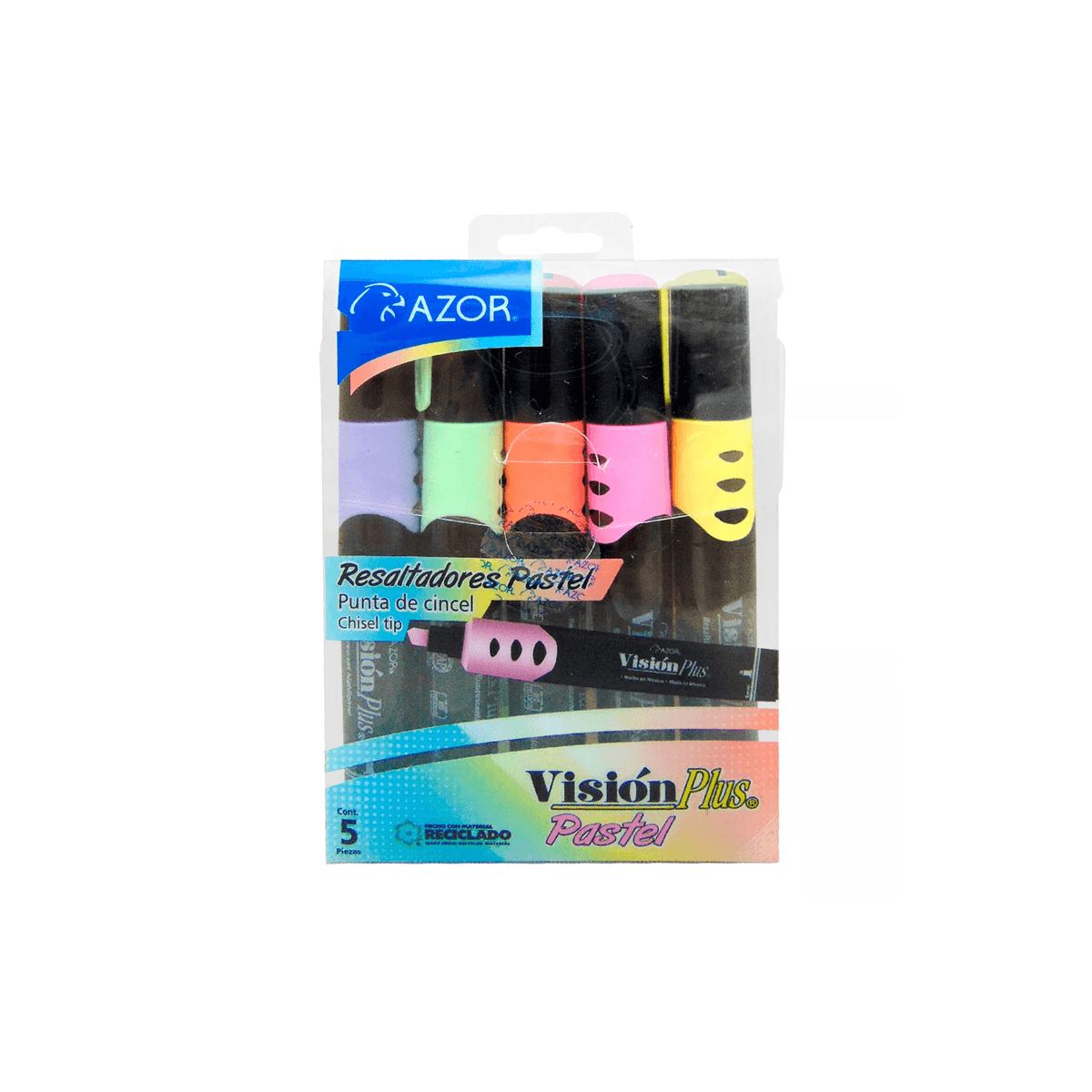 Marcador Resaltador Azor 2625P Visión Plus Punta Cincel Colores Pastel Surtidos Con 5 Piezas
