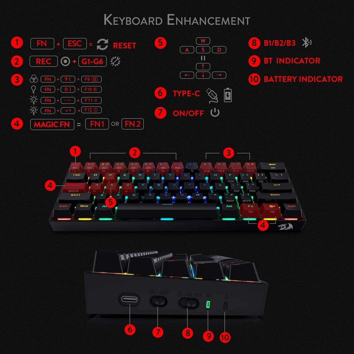 Teclado Mecanico Gamer Redragon Dragonborn K630 60% Negro Switch Blue