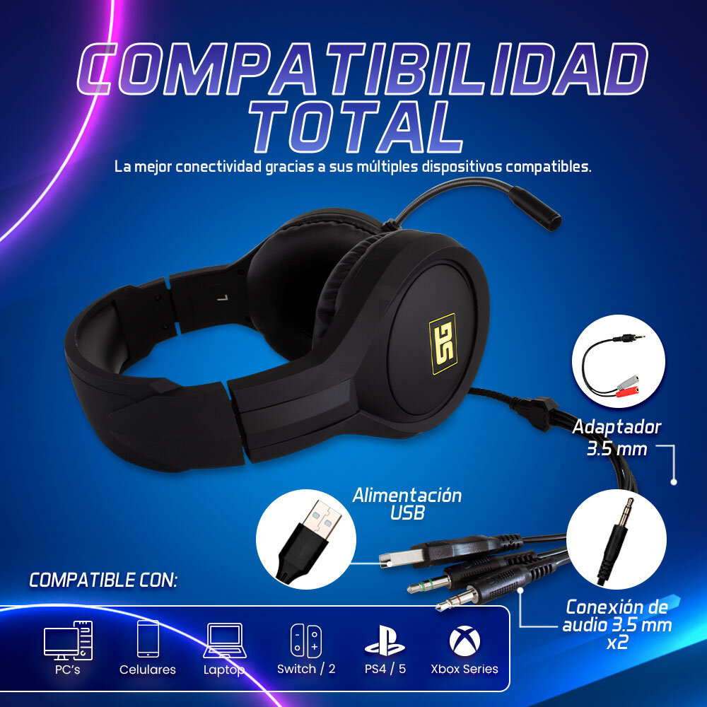 Diadema Gamer Vorago Start The Game Hs-501-C 3.5Mm Rgb 40Mm Con Adaptador Para Consolas