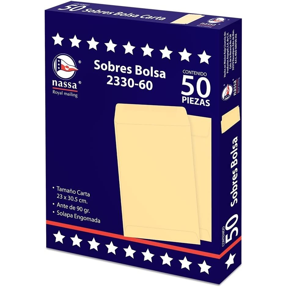 Sobre Bolsa Nassa Carta Ante 8Pqtes Paq C/50 23X30.5 Cms