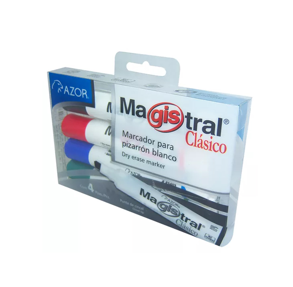Marcador Magistral Clasico Plastico Pizarron Blanco Colores C/4 Pzas