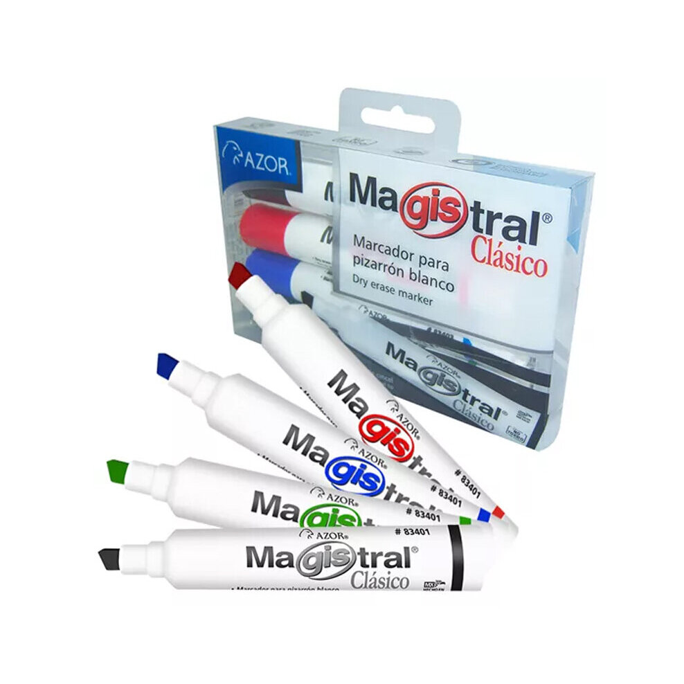Marcador Magistral Clasico Plastico Pizarron Blanco Colores C/4 Pzas