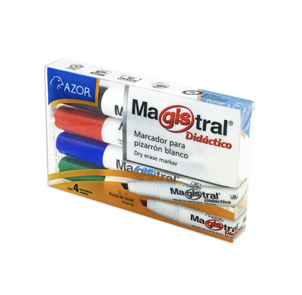 Marcador Azor Magistral Didactico 8354 Paq 4 Pz Negro Azul Rojo Verde