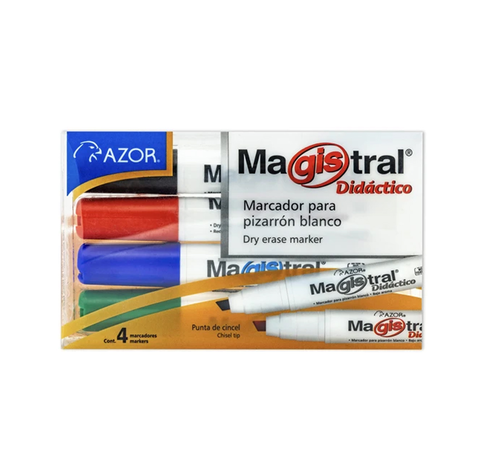 Marcador Azor Magistral Didactico 8354 Paq 4 Pz Negro Azul Rojo Verde
