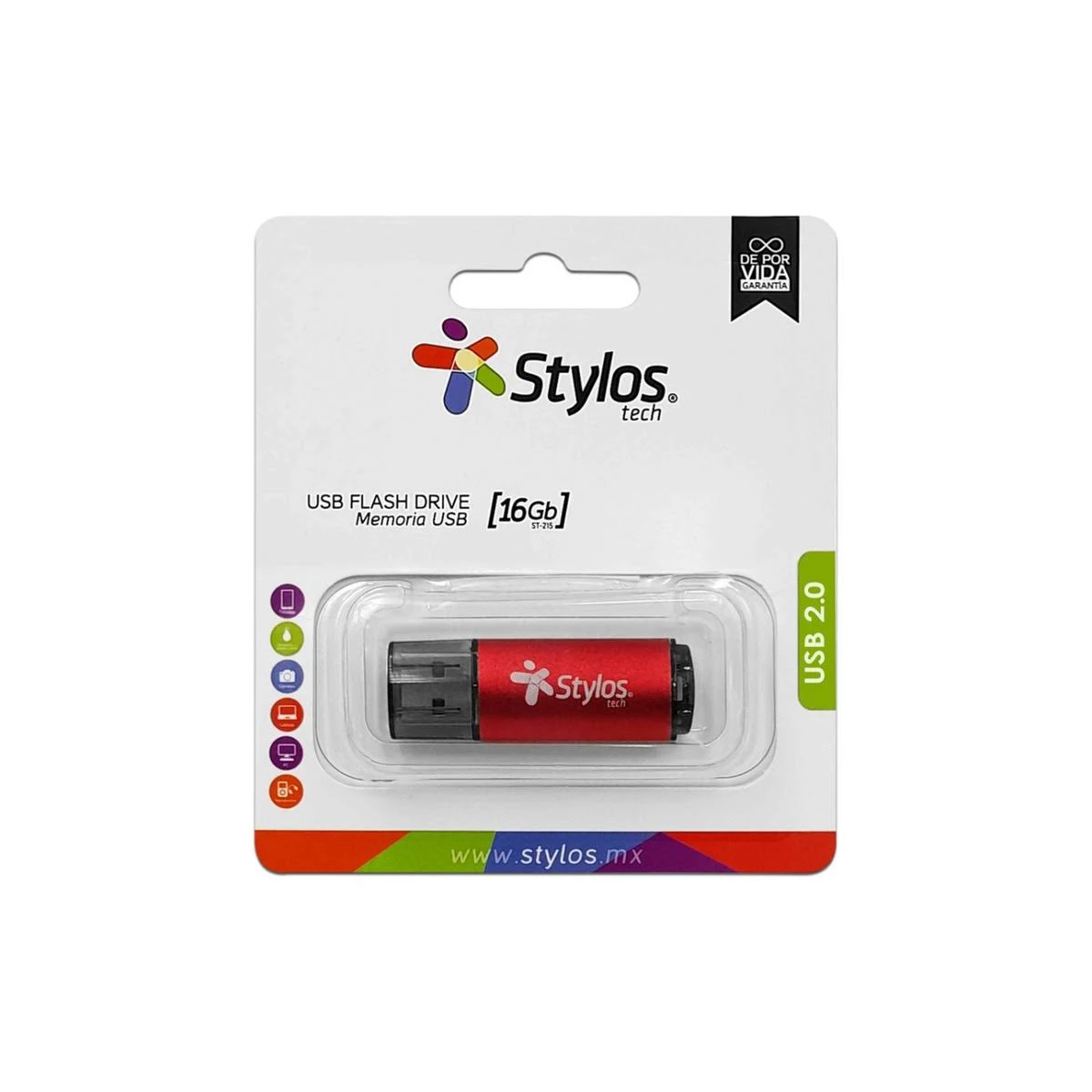 Memoria Usb Stylos 16Gb Con Tapa Negro Rojo Usb 2.0